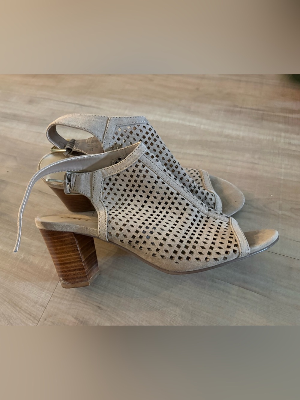 Unisa Taupe Perforated Slingback Block Heel Sandals